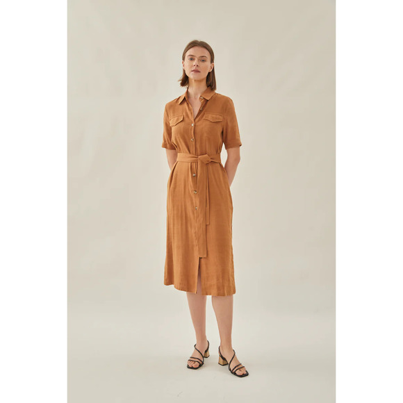 Linen Midi Shirt Dress Button Down Collared Removable Sash Brown S - Picture 1 of 7
